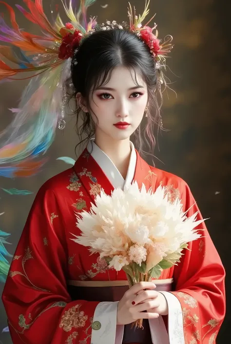 Many translucent, rainbow-colored feathers are swirling and dancing、Symbolic expression of wind、A woman in a kimono looking up at the feathers and reaching out、dark eyes、black hair、golden hour、 twinkle、fluffy、A refreshing atmosphere with an overall sense o...