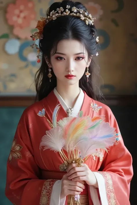 Many translucent, rainbow-colored feathers are swirling and dancing、Symbolic expression of wind、A woman in a kimono looking up at the feathers and reaching out、dark eyes、black hair、golden hour、 twinkle、fluffy、A refreshing atmosphere with an overall sense o...