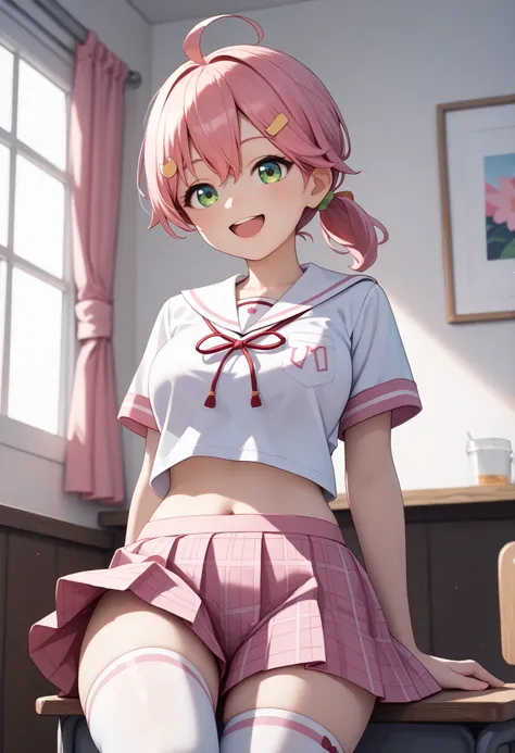 masterpiece, best quality, 1 _girl, solo, MikoSchool,ahoge,pink_hair,(short_ponytail:1.3), hairclip, white shirt, sailor_collar, pink_skirt, plaid, white_thighhighs, short_sleeves,  looking through legs,big_smile,large_breasts,midriff,happy, excited,open_m...