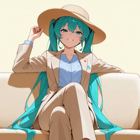 Hatsune Miku musical album logo with beige formal suit and blue shirt, With panama hat, sitting on a sofa, With a mischievous expression, Different Perspective, yellow background