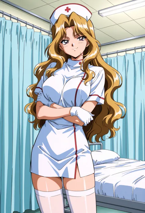 Score_9, score_8_up, score_7_up, source_anime, Shindou_Reiko(Anime_Ver), 1girl, solo, long hair, blonde hair, purple eyes, wavy hair, large breasts, 1990s \(style\), retro artstyle, anime coloring,  (best quality), (high quality), {masterpiece}, extremely ...