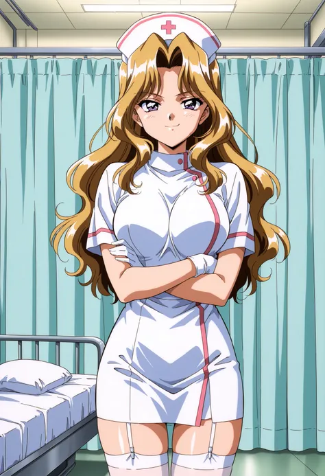 Score_9, score_8_up, score_7_up, source_anime, Shindou_Reiko(Anime_Ver), 1girl, solo, long hair, blonde hair, purple eyes, wavy hair, large breasts, 1990s \(style\), retro artstyle, anime coloring,  (best quality), (high quality), {masterpiece}, extremely ...