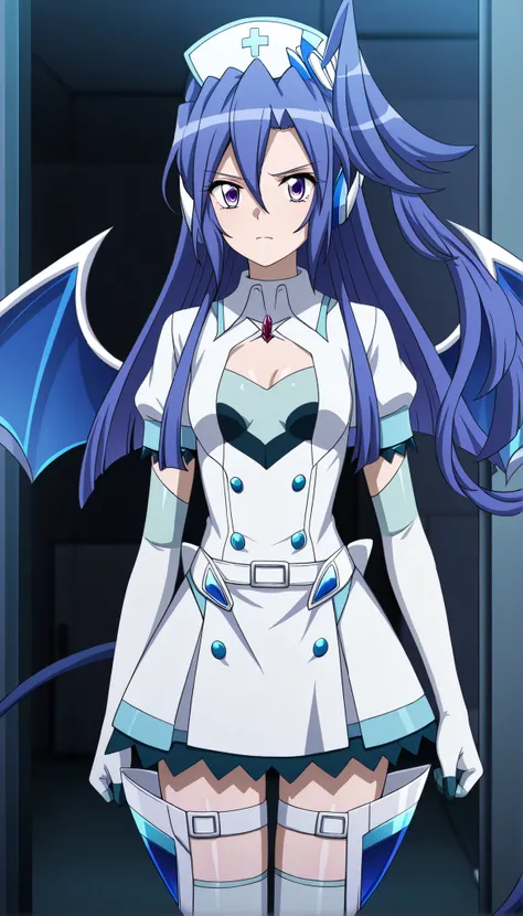 masterpiece, best quality, amazing quality, very aesthetic, absurdres, newest,shiny skin, anime screenshot, anime coloring senki zesshou symphogear, Kazanari Tsubasa,  blue_hair purple eyes,  one side up, ruanyi0835,belt,cleavage cutout,demon horns,demon t...