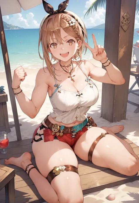  Masterpiece,  top quality,  Hi-Res,   very detailed CG , 2nd Default,   asymmetrical design costume,  Bare Thighs , belt, chest, teeth,  is laughing,  beach,1teen young_girl,white_camisole,large_breasts,large_thighs,short_shorts,apart_legs,raise_fist,sitt...