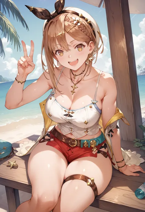 Masterpiece,  top quality,  Hi-Res,   very detailed CG , 2nd Default,   asymmetrical design costume,  Bare Thighs , belt, chest, teeth,  is laughing,  beach,1teen young_girl,white_camisole,large_breasts,large_thighs,short_shorts,apart_legs,raise_fist,sitt...