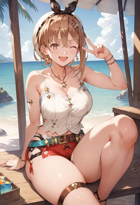  Masterpiece,  top quality,  Hi-Res,   very detailed CG , 2nd Default,   asymmetrical design costume,  Bare Thighs , belt,, (teeth:0.4),  is laughing,  beach,1teen young_girl,white_camisole,large_breasts,large_thighs,short_shorts,apart_legs,raise_fist,sitt...
