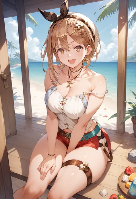  Masterpiece,  top quality,  Hi-Res,   very detailed CG , 2nd Default,   asymmetrical design costume,  Bare Thighs , belt,, (teeth:0.4),  is laughing,  beach,1teen young_girl,white_camisole,large_breasts,large_thighs,short_shorts,apart_legs,raise_fist,sitt...