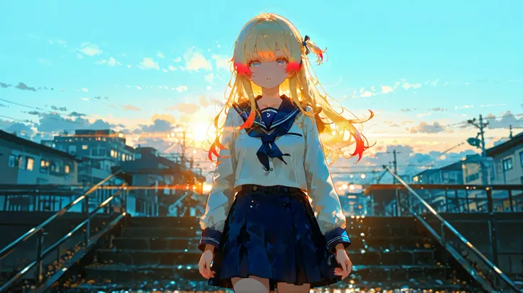 1girl, vivit colors, blond hair, multicolored hair,navy school uniform, cinematic lighting, cinematic angle, soft light, color detail, backlighting, Depth of field, long exposure, light steps, intricate colors, vibrant colors, 748cmstyle, A girl walking...
