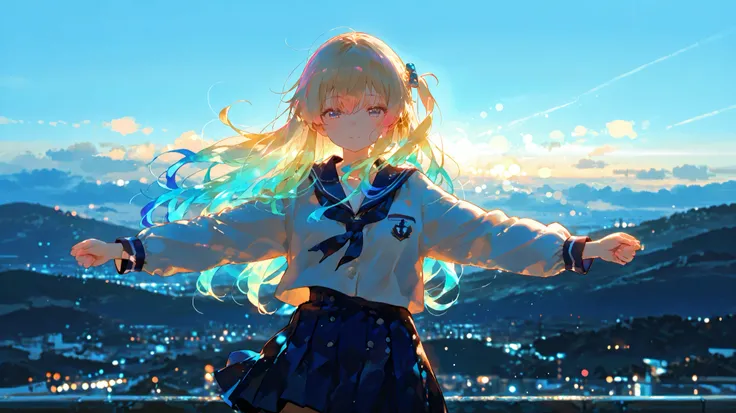 1girl, vivit colors, blond hair, multicolored hair,navy school uniform, cinematic lighting, cinematic angle, soft light, color detail, backlighting, Depth of field, long exposure, light steps, intricate colors, vibrant colors, 748cmstyle, A girl standin...