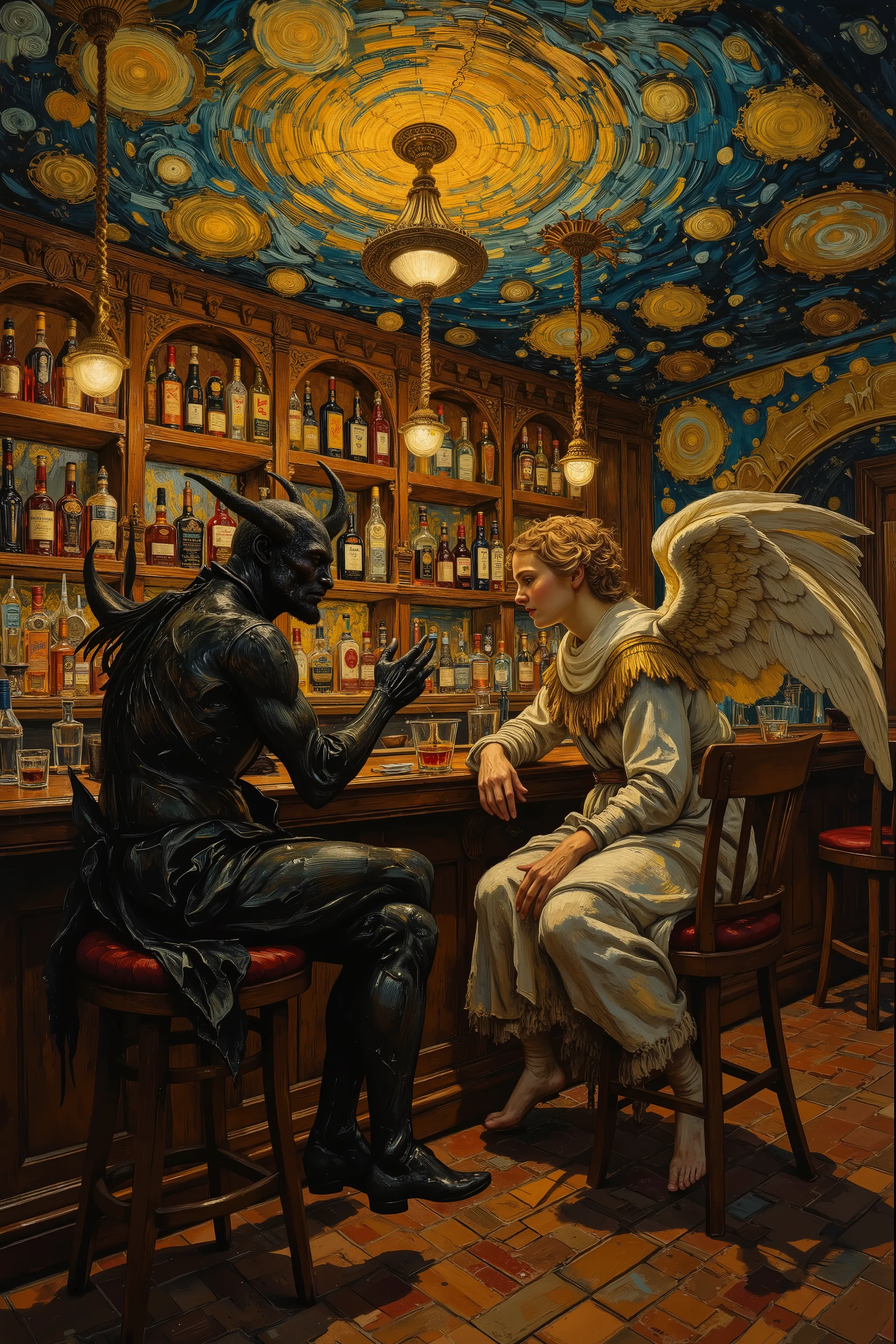 (ceiling,foot focus,from back),devil and angel sitting at the counter,talking,chatting,high-fashion photography,art deco,whiskey,in Secret bar,a lot bottles of alcohol are displayed at a secret bar,(Peaceful atmosphere),cinematic,effect of light and shadow...