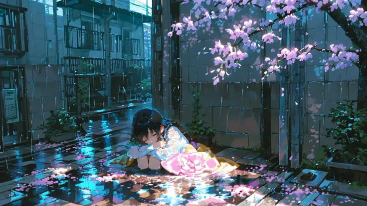 A peaceful city street in the early morning. Soft sunlight reflects on wet pavement from last night's rain. Cherry blossoms or trees line the sidewalk. The world is just beginning to wake up. A sense of quiet renewal and new beginnings.