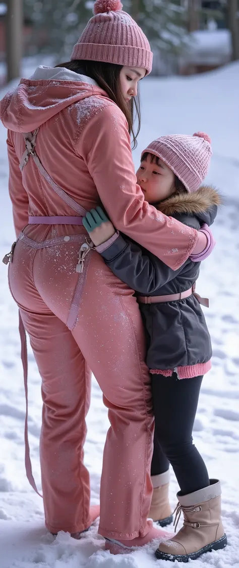 (highly detailed) Hot young asian Southeast tennage girl is wearing Red gold winter latex  suit with pink elements suit is covered in snow that reflect the light of the sun she has brown wavy hair freckles and her ass is bigger her brest is big HD real pho...