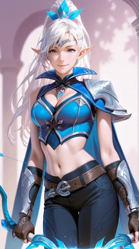masterpiece, best quality, ultra-detailed, absurdres, newest,1girl, solo, miyadefault, white hair, long hair, blue eyes, elf, pointy ears, ponytail,  
armor, blue cape, midriff, navel, belt, black pants, cleavage, beautiful face, charming smile, gentle exp...