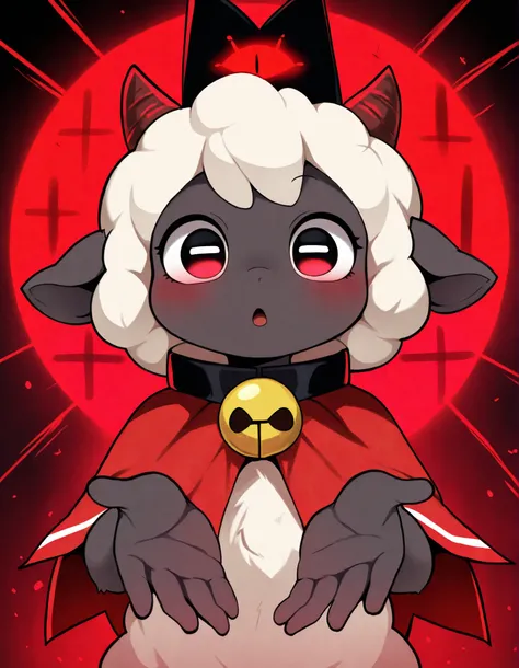 dagasistyle,, 1girl,solo, cult of the lamb, sheep girl, collar, horizontal pupils, red/black eyes, red crown,,  REMEMX,, masterpiece, best quality, very aesthetic,, 