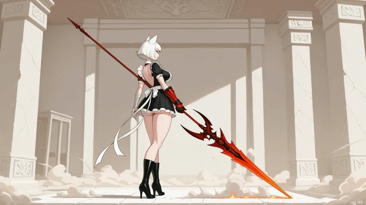 A beautiful girl with cat ears, short white hair, with a long side fringe, ojos rojos, sharp eye, beautiful skin, extremely nice body, big breast,((pretty face)),  A maid's uniform, short skirts, (maid) , (A big red gauntlet on the right arm), (left arm wi...