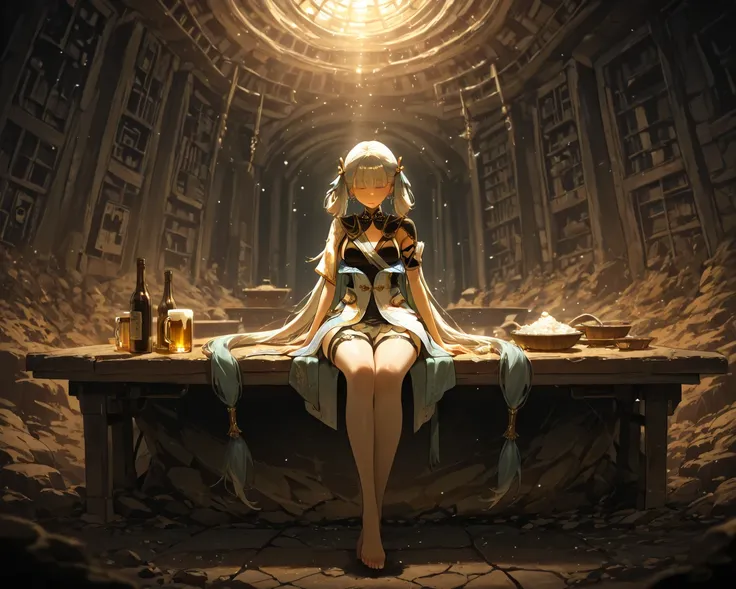 detailed face,  white marble,  no vegetation, shine warm sunlight, full body is visible, huge amazing thighs, special care with the face, detailed face, perfect small breast, not looking at spectator, barefooted, jinhsi_(wuthering_waves), 1girl,ral-18thlxry, Underground Bar, In a secret underground bar，falling out in a drunken stupor with friends.,, she drinks several glasses of liquor and beer,She is very drunk in a secret underground bar.