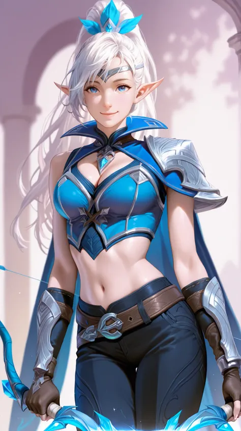 masterpiece, best quality, ultra-detailed, absurdres, newest,1girl, solo, miyadefault, white hair, long hair, blue eyes, elf, pointy ears, ponytail,  
armor, blue cape, midriff, navel, belt, black pants, cleavage, beautiful face, charming smile, gentle exp...