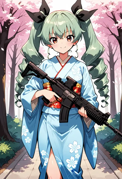 Highest Quality、high resolution、standing、frontal shot、newest, 1 girl on break day, (Has a black assault rifle:1.2) ,anchovy garpan,green hair, long hair, twin drill , Bangs, hair bow,beautiful brown eyes, light blue kimono (Japanese kimono:1.2), (振袖 cherr...