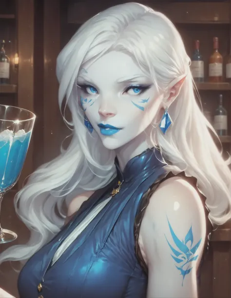 Jarael, alabaster white skin, blue tattoos, facial mark, blue lips, in a speakeasy bar, dressed as a bartender, washing a glass, 1930s attire, prohibition era