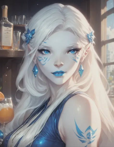 Jarael, alabaster white skin, blue tattoos, facial mark, blue lips, in a speakeasy bar, dressed as a bartender, washing a glass, 1930s attire, prohibition era