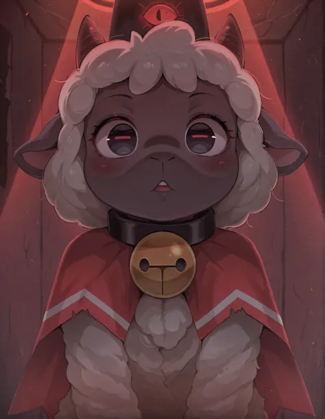 dagasistyle,, 1girl,solo, cult of the lamb, sheep girl, collar, horizontal pupils, red/black eyes, red crown,, gobo lighting, shadows,, REMEMX,, masterpiece, best quality, very aesthetic,,