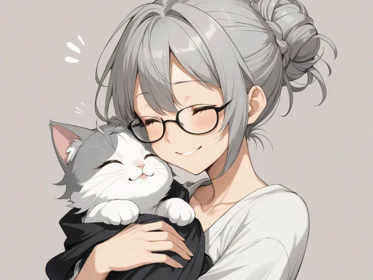 Anime girl gray hair, Messy Bun hairstyle, use glasses, carry cat over head, sweet smile, close eyes