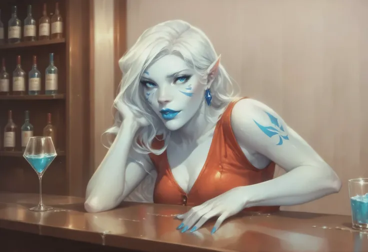 Jarael, alabaster white skin, blue tattoos, facial mark, blue lips, in a speakeasy bar, dressed as a bartender, washing a glass, 1930s attire, prohibition era