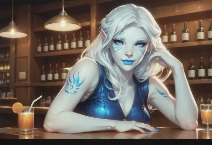 Jarael, alabaster white skin, blue tattoos, facial mark, blue lips, in a speakeasy bar, dressed as a bartender, washing a glass, 1930s attire, prohibition era aesthetic, very detailed, dim lighting, alien creatures sitting at the bar