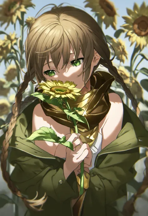 flower, alone, 1 Girl, Hold, Hold flower, sunflower,long braids, Upper body, blurry, hair exposed on shoulders, green eyes,, bare shoulders, brown angled ponytail ,Gold scarf, Dark green jacket
