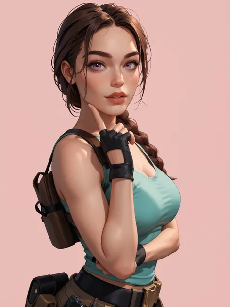 A highly detailed and stylized digital illustration of the athletic and beautiful adventurer Lara Croft sporting a sensual pose, wearing a teal tank top, brown tactical shorts, two black holsters, black fingerless gloves and a black utility belt, long brow...