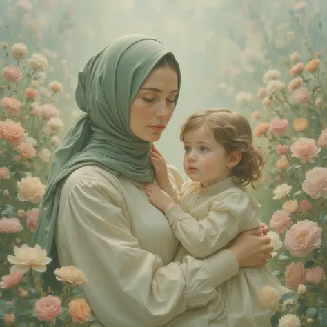 A mother holding her two-year-old daughter, the mother wearing a pastel green color hijab, the wearing a Random color dress, flowers background 