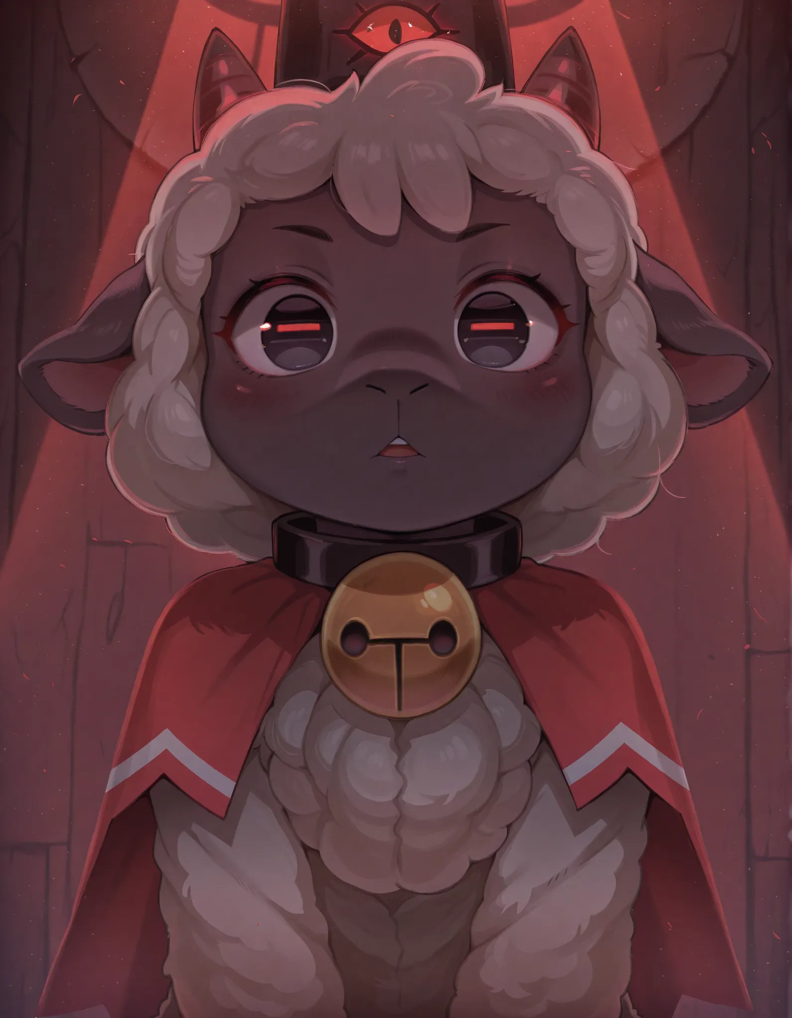 dagasistyle,, 1girl,solo, cult of the lamb, sheep girl, collar, horizontal pupils, red/black eyes, red crown,, gobo lighting, shadows,, REMEMX,, masterpiece, best quality, very aesthetic,, 