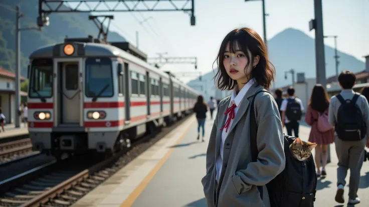 ultra-realistic, photorealistic, dramatic scene, global-illumination, Japanese high school student girl, very beautiful fragile Japanese girl, boyish cool face with sporty atmosphere, (very large breasts), slim waist, (wearing a gray colored Japanese high school cute uniform of white shirt with blazer and skirt, red ribbon), (face focus), (shoot from side), she is holding a backpack in front of her, adorable large cat is hiding in the backpack and peeking its face, (very large breasts), (she is standing on the platform of the train station), there are some trees and large mountain and tall building outside, Crowded with commuters and passengers on the platform, vintage Japanese commuter train is approaching, 