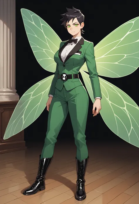 1girl, short hair, black hair,wings, green wings, fairy wings, tuxedo,suit,green suit, long pants,green eyes,beautiful detailed face, big breast, beautiful detailed breasts,spadex suit,Big ass, small waist,ben10, insignia, fullbody, belt, shoes, tenis, kni...