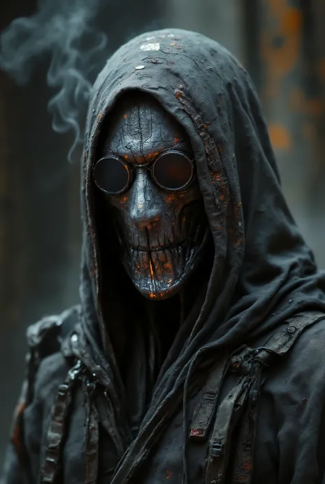 a skeleton in a torn, dirty and faded old robe ,Some mechanical parts,half cyborg ,( wearing sunglasses) ,de capus ,futuristic weapon, Cyberpunk setting, noite , with sparks of fire and smoke through the air, Fire in the head,
detailed intricate,Hyper ma...