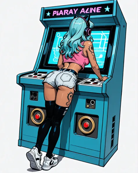 Solo, 1girl, High Resolution, Long Hair, medium Breasts, lightblue hair, white background, manga Style, naughty look, black cat headphones, full body, bracelets, thigh tattoos, arm tattoos, High Details, dreamy, neckband , naughty posing, tanned, lean body...