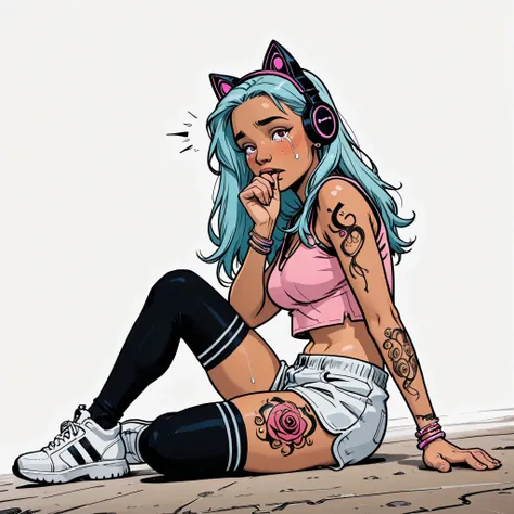 Solo, 1girl, High Resolution, Long Hair, medium Breasts, lightblue hair, white background, manga Style, naughty look, black cat headphones, full body, bracelets, earrings, thigh tattoos, arm tattoos, High Details, dreamy, neckband , naughty posing, tanned,...