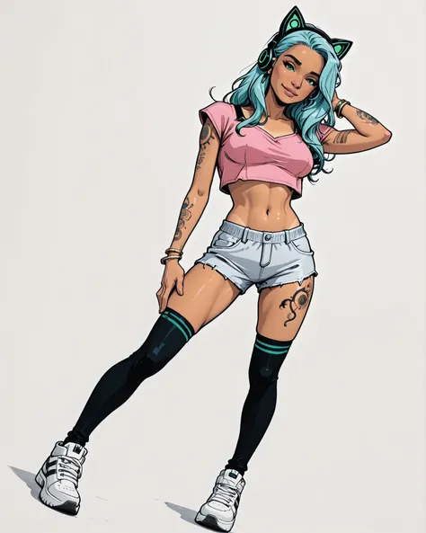 Solo, 1girl, High Resolution, Long Hair, medium Breasts, lightblue hair, white background, manga Style, naughty look, black cat headphones, full body, bracelets, earrings, thigh tattoos, arm tattoos, High Details, dreamy, neckband , naughty posing, tanned,...