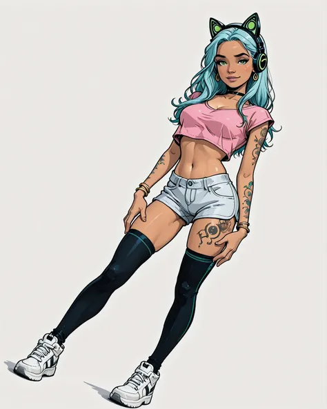 Solo, 1girl, High Resolution, Long Hair, medium Breasts, lightblue hair, white background, manga Style, naughty look, black cat headphones, full body, bracelets, earrings, thigh tattoos, arm tattoos, High Details, dreamy, neckband , naughty posing, tanned,...