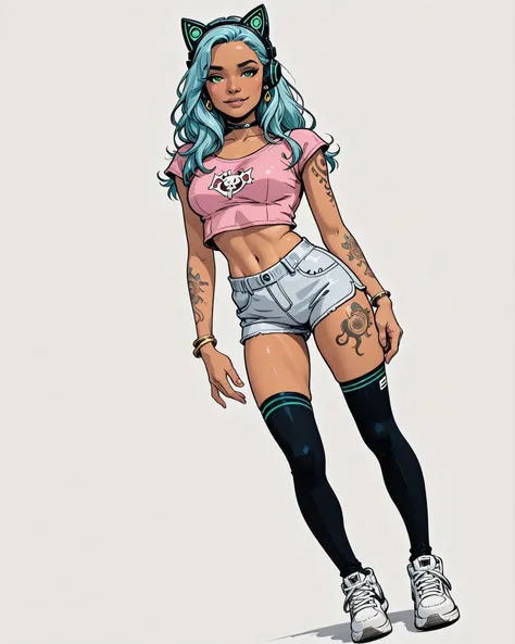 Solo, 1girl, High Resolution, Long Hair, medium Breasts, lightblue hair, white background, manga Style, naughty look, black cat headphones, full body, bracelets, earrings, thigh tattoos, arm tattoos, High Details, dreamy, neckband , naughty posing, tanned,...