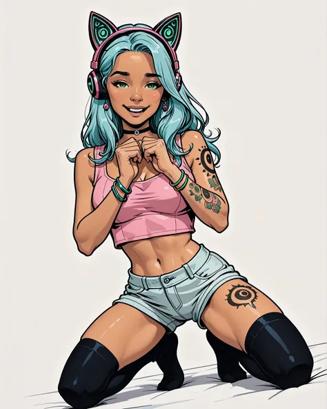 Solo, 1girl, High Resolution, Long Hair, medium Breasts, lightblue hair, white background, manga Style, naughty look, black cat headphones, full body, bracelets, earrings, thigh tattoos, arm tattoos, High Details, dreamy, neckband , naughty posing, tanned,...