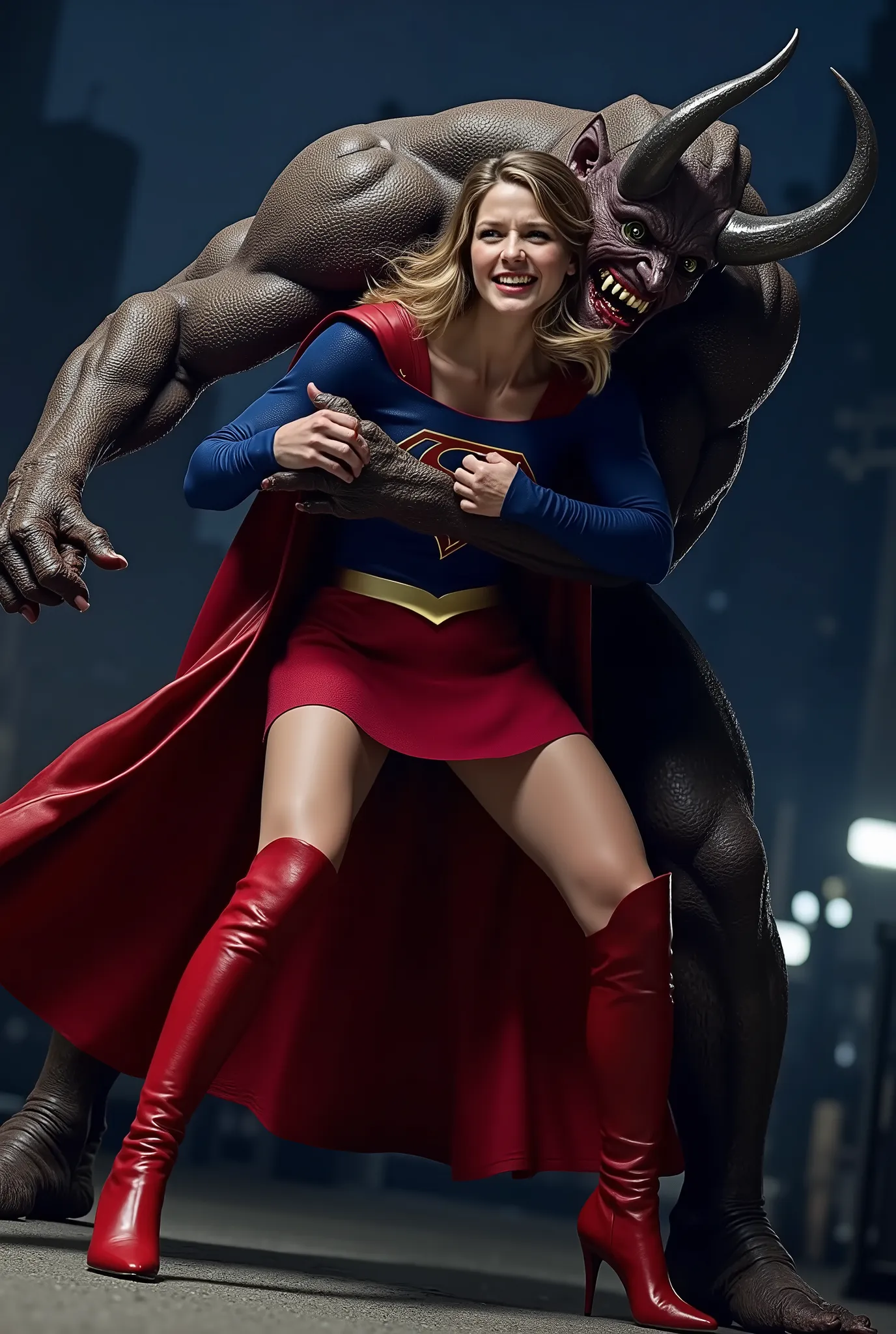 Melissa Benoist as Supergirl, she is screaming in pain, arms behind her back, try to resist, wearing a Supergirl costume, blue shirt and very short skirt, red high boots, she is harassed from behind by a huge body devil, A fierce devil is holding her arms ...