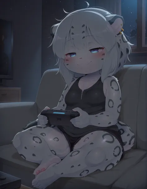 dagasistyle,, dagasiyuki, leopard tail, furry, (Masterpiece, best quality:1.2), 1girl, console, tv, playing games, living room scenery, night, couch, sitting cross-legged, dark lighting, detailed shadows, BREAK, 1girl, furry girl, snow leopar ears, snow le...