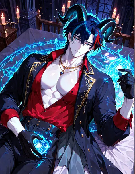 (masterpiece, best quality, highly detailed, mature) 1 man, solo, male focus, (streaked hair:1.5), dark blue hair, blue hair, short hair, blue eyes, necklaces, sexy man, handsome, solo, mature, sensual, pale skin, lean, cool, black gloves, victorian cloth...