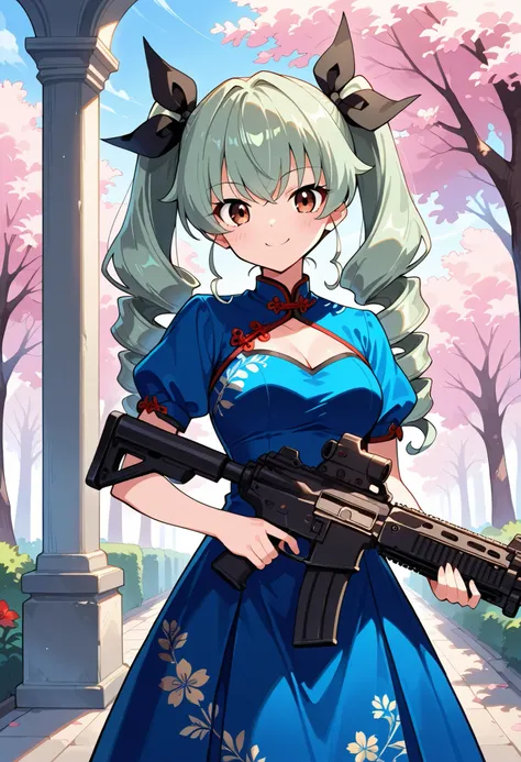 Highest Quality、high resolution、standing、frontal shot、newest, 1 girl on break day, (Has a black assault rifle:1.2) ,anchovy garpan,green hair, long hair, twin drill , Bangs,  hair bow,beautiful brown eyes,I'm wearing a light blue slender long silk china dr...