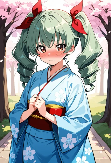 Highest Quality、high resolution、standing、frontal shot、Hold it in front, 1 girl on break day, (Embarrassed:1.2) ,anchovy garpan,green hair, long hair, twin drill , Bangs,  hair bow,beautiful brown eyes, light blue kimono (Japanese kimono:1.2), (振袖 cherry bl...