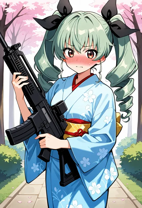 Highest Quality、high resolution、standing、frontal shot、Hold it in front, 1 girl on break day, (Embarrassed:1.3) ,anchovy garpan,green hair, long hair, twin drill , Bangs,  hair bow,beautiful brown eyes, light blue kimono (Japanese kimono:1.2), (振袖 cherry bl...