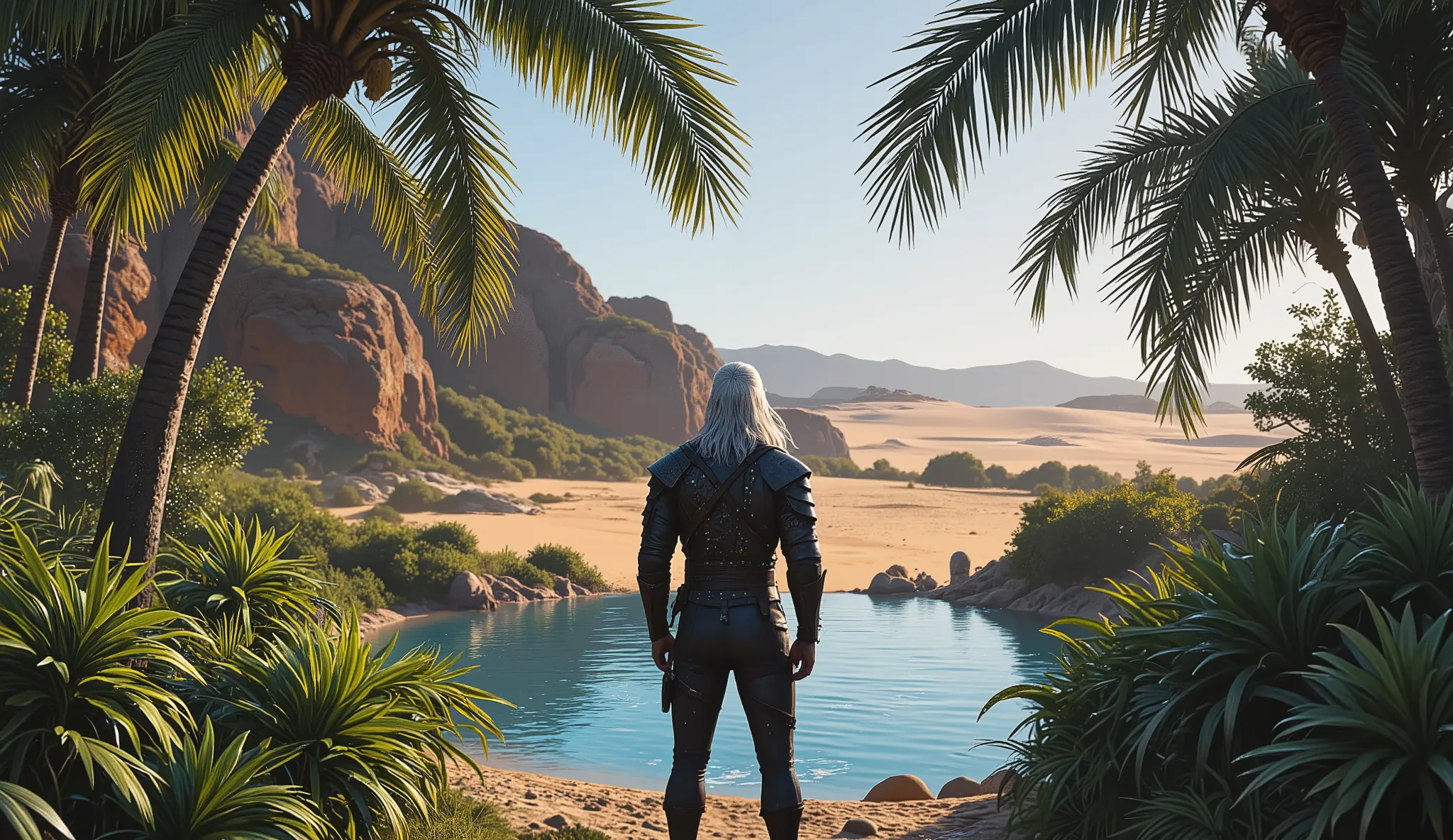 Geralt of Rivia, found oasis in the desert with cold water pool under the palm trees