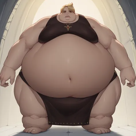 masterpiece, best quality, riza, 1girl, brown eyes, blonde hair, folded ponytail, jewelry, earrings, score_9, score_8, score_7, score_6, score_6up, FMAGluttony, troll, monster, giant, Fat_neck , Fat head , eyes with crushed cheeks , nose with crushed cheek...