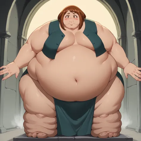 score_9, score_8_up, score_7_up, source_anime, ochakouraraka, ochako uraraka, brown eyes, brown hair, short hair, blush, blush stickers, troll, monster, giant, Fat_neck , Fat head , eyes with crushed cheeks , nose with crushed cheeks , mouth with crushed c...